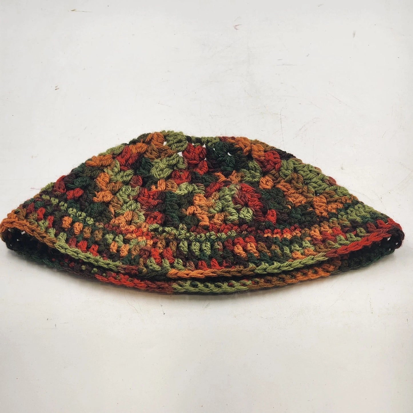 Handmade Crochet Messy Bun Beanie Hat Fall Colors Green Orange Brown Ponytail