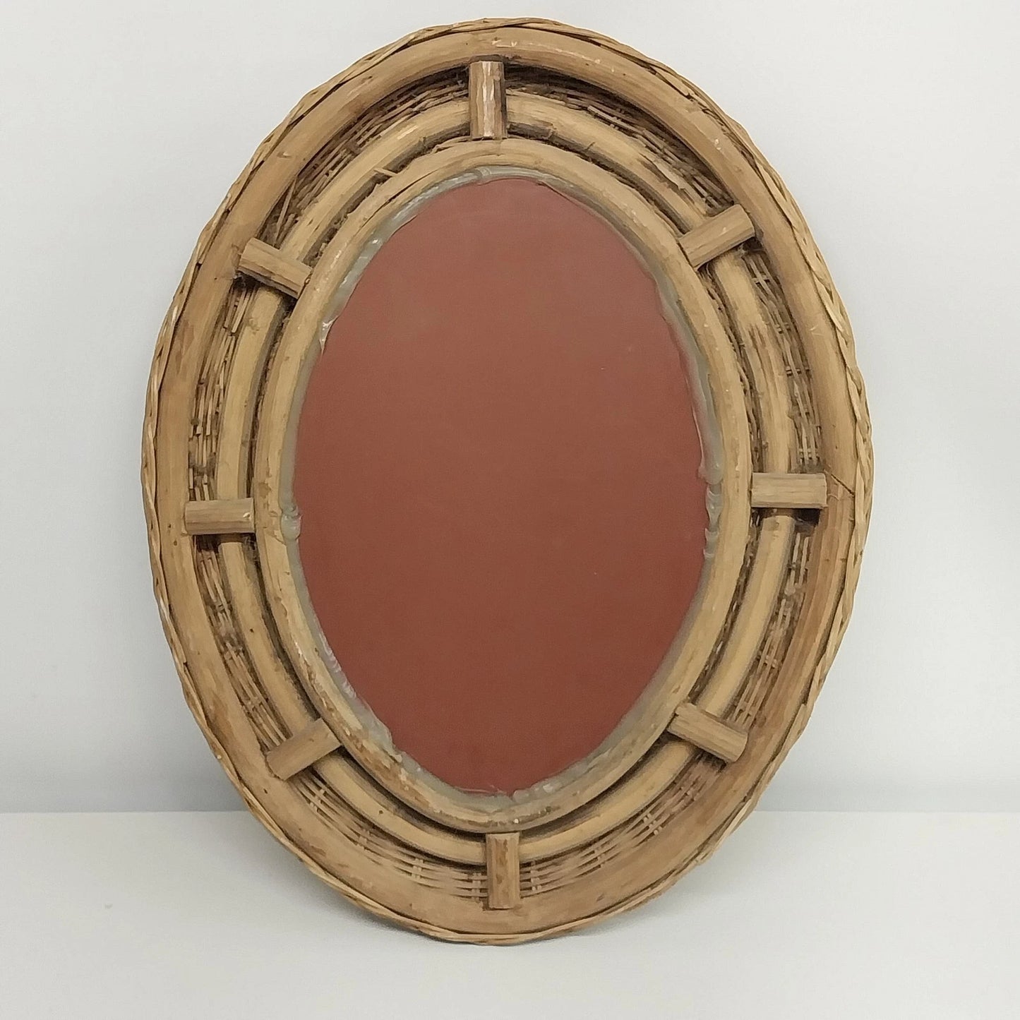 Vintage Wicker Rattan Oval Wall Mirror Boho Coastal Decor 26x21