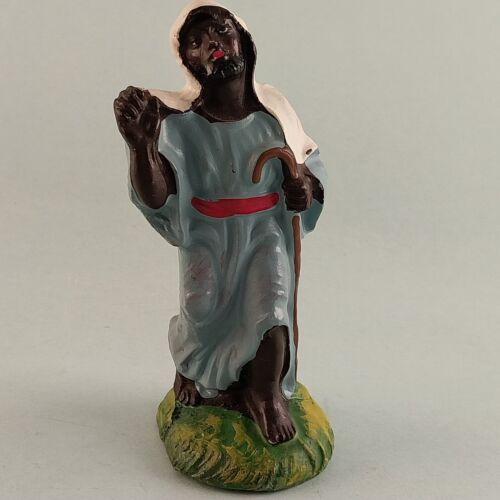 Hollow Chalk Ware Plaster Nativity Scene Black Shepherd Figurine Vintage