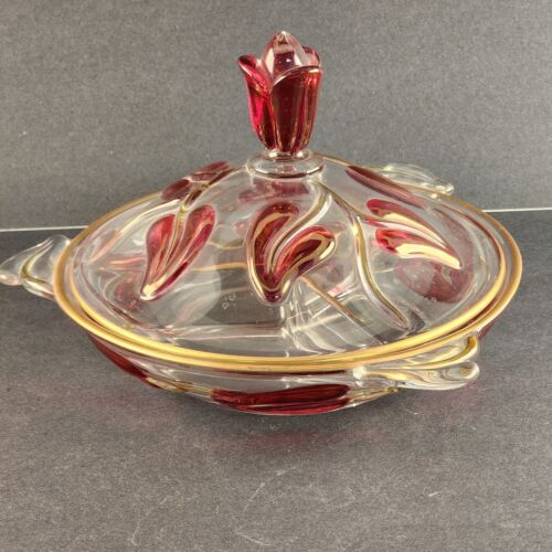 Duncan Miller Ruby Flash American Way Leaf Glass Bowl Covered divided Dish