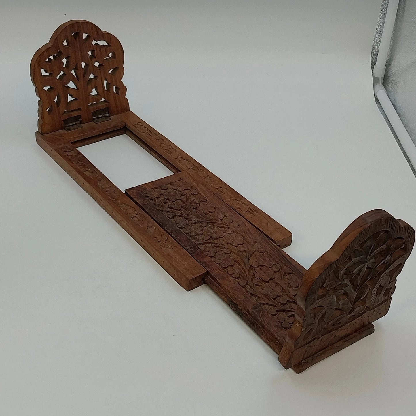 Hand Carved Natural Wood Expandable Book Rack Floral Bookends 17" Extend India