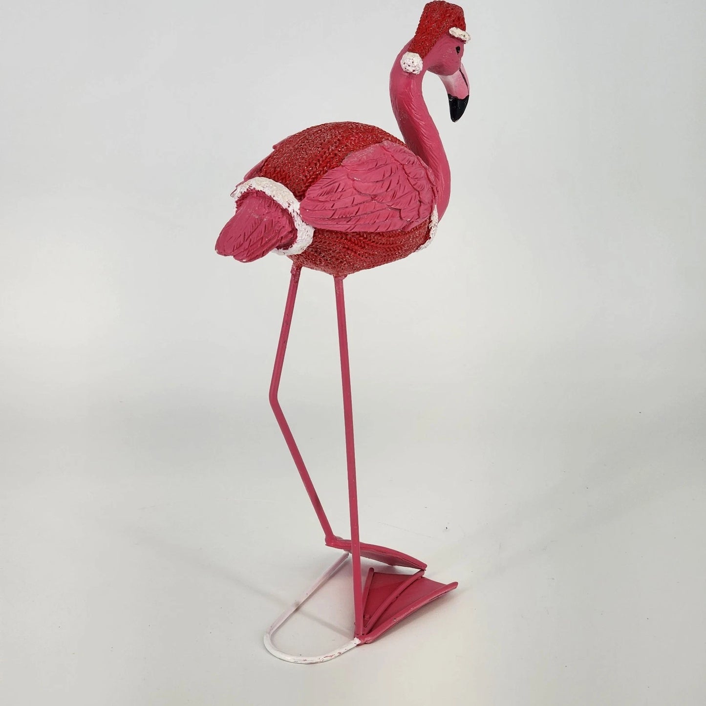 Christmas Flamingo Figurine 11" Resin & Wire Pink Holiday Decor Knit Coat & Hat