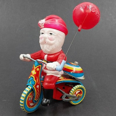 Suzuki Wind Up Toy Celluloid Santa Claus 1950 Tin Tricycle Japan Vintage Works