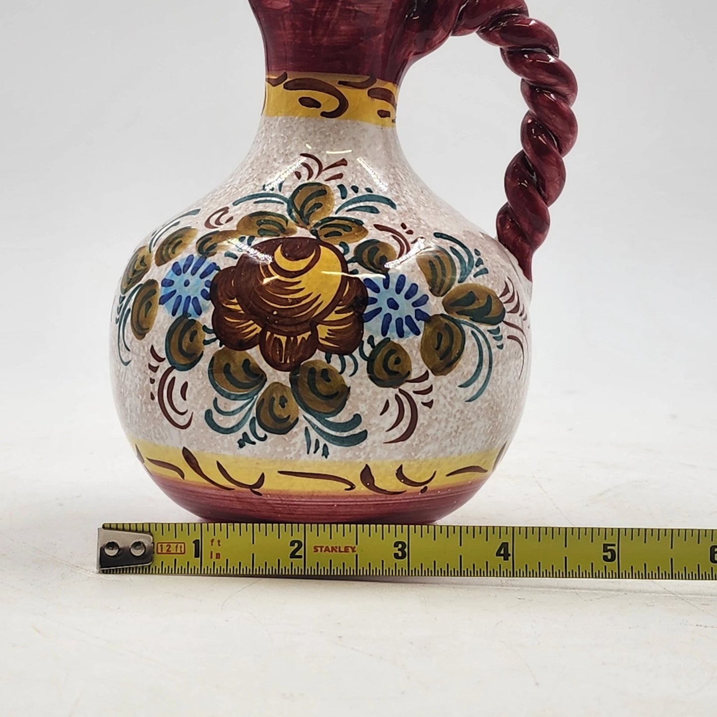 Italian Ceramic Pottery Pitcher Hand Painted Bright Floral Twist Handle 8.5"