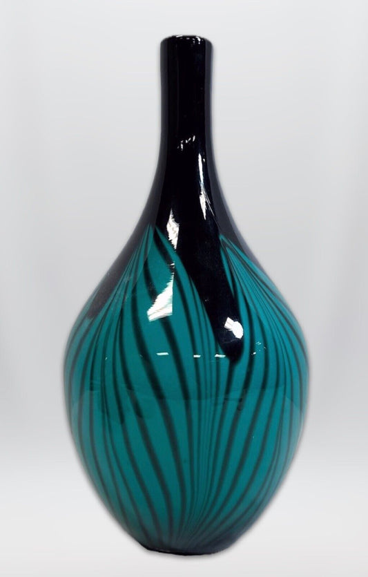 Murano Style Black Teal Swirled Cased Art Glass Italian Vase 15” Elegant Statement Piece Statement