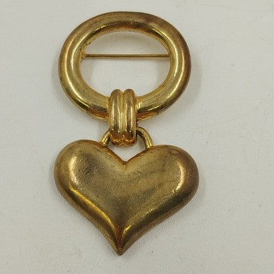 Gold Tone Enamel Hanging Solid Heart in Oval Circle Brooch Pin Jewelry Vintage