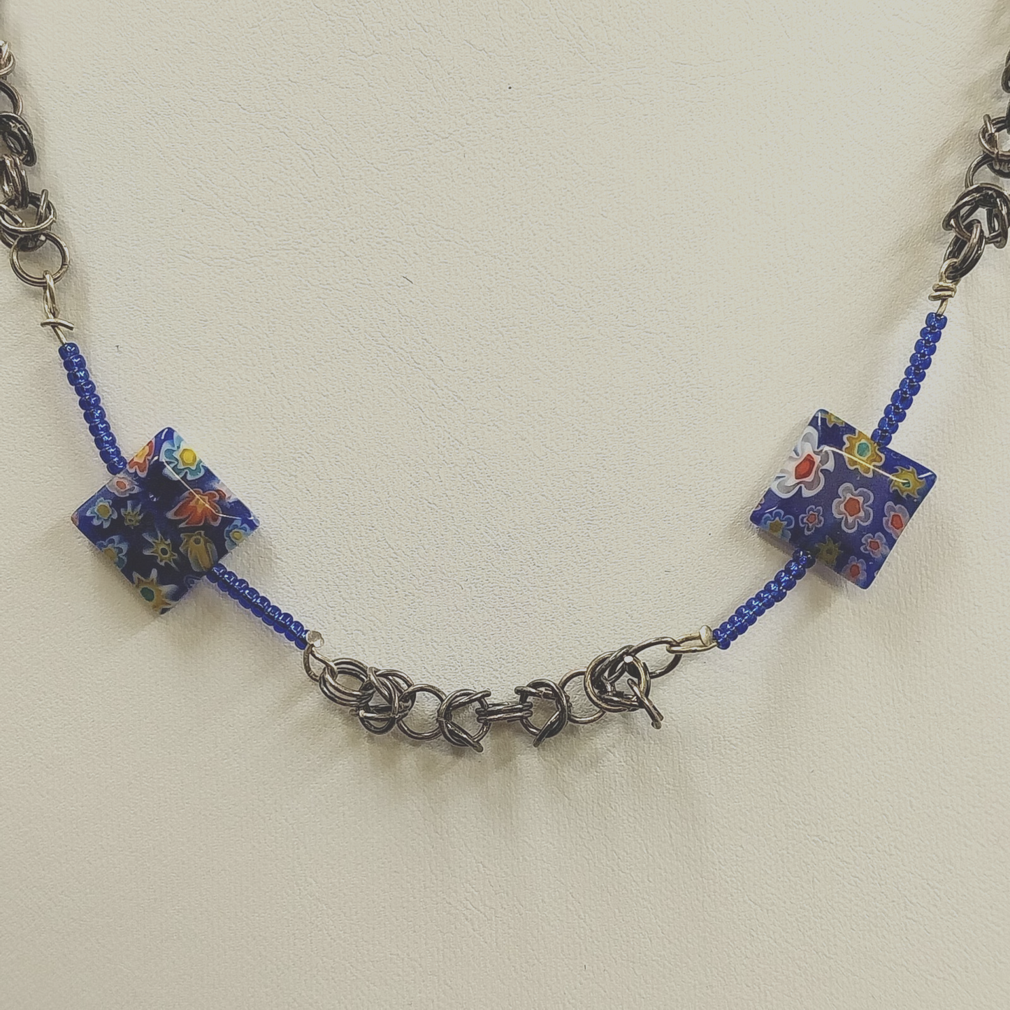 Millefiori Floral Murine Glass Bead Necklace Bronze Tone Byzantine Silver Chain