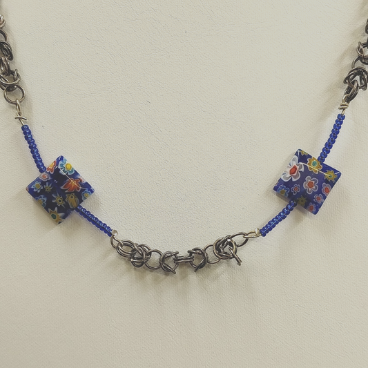 Millefiori Floral Murine Glass Bead Necklace Bronze Tone Byzantine Silver Chain
