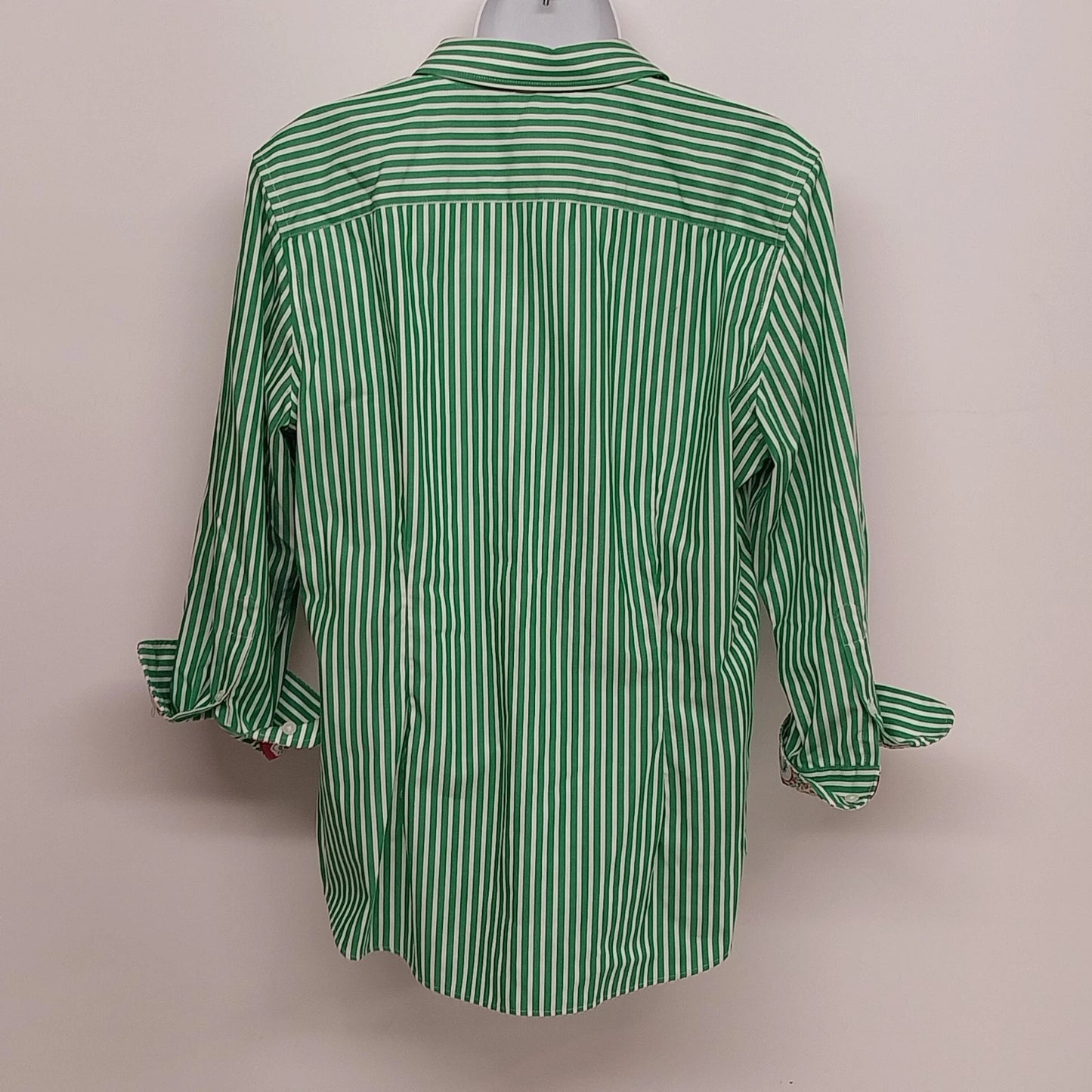 Chaps No Iron Green White Striped Button Front Shirt Women's L Red Paisley Cuffs