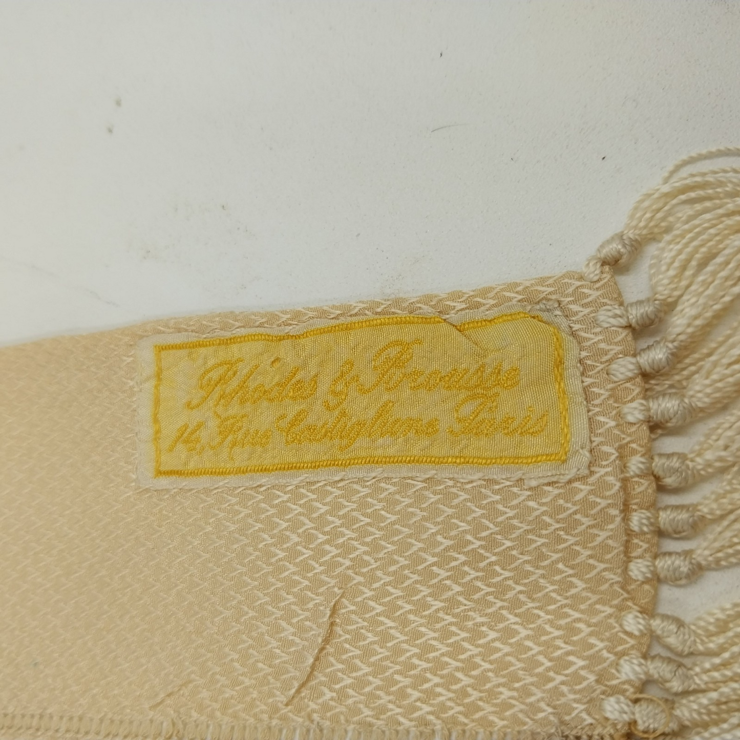 Rhodes & Brousse Paris Beige Scarf 13"x54" Silk Blend Fringe KMA Monogram VTG