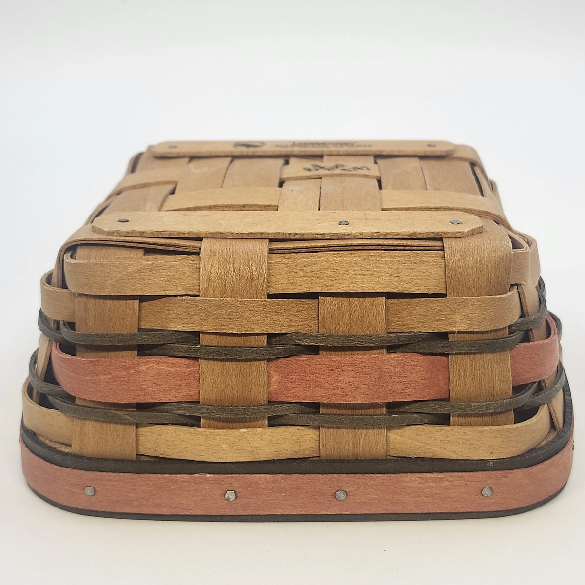 Longaberger Handwoven Natural Wood Basket Red Accent 6.75" Sq Dresden OH 2009
