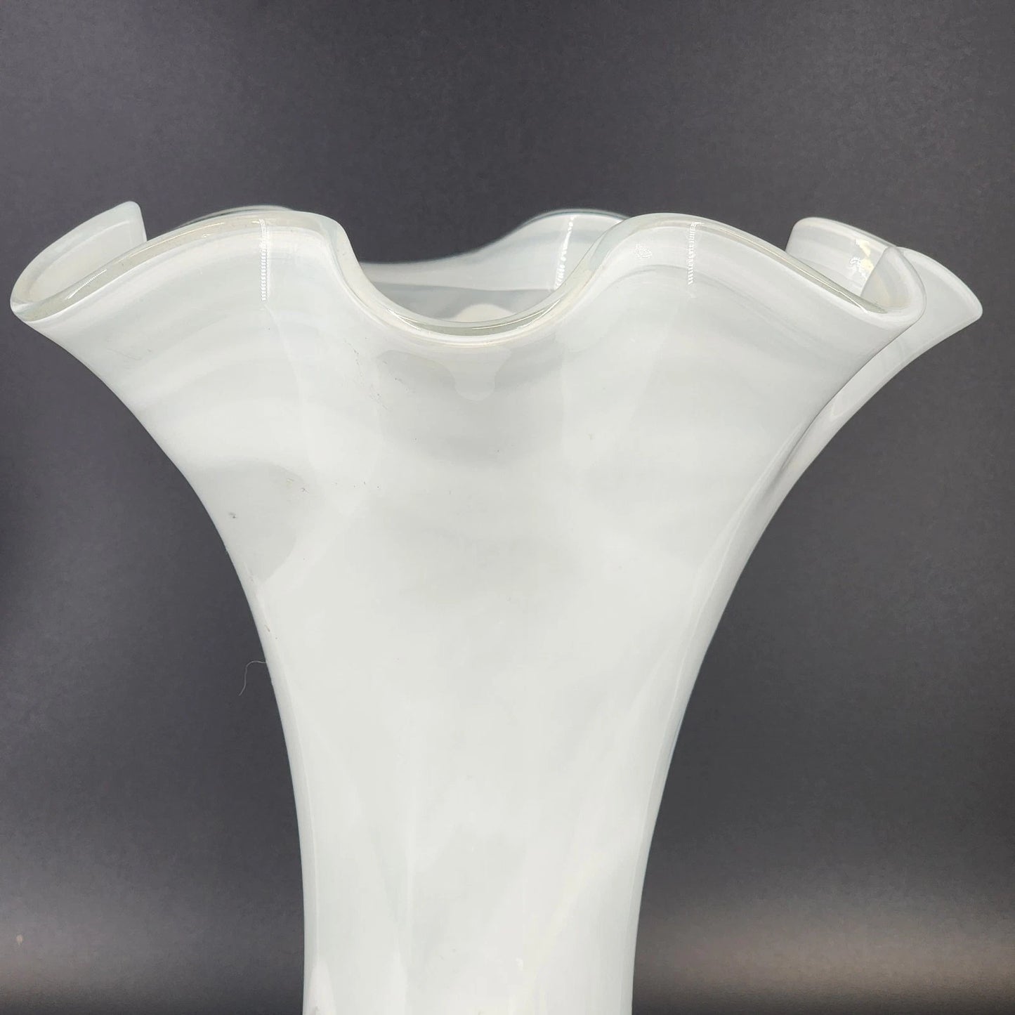 Frosted Art Glass Large Vase 11" Ruffled Scalloped Top White Swirl Hand Blown