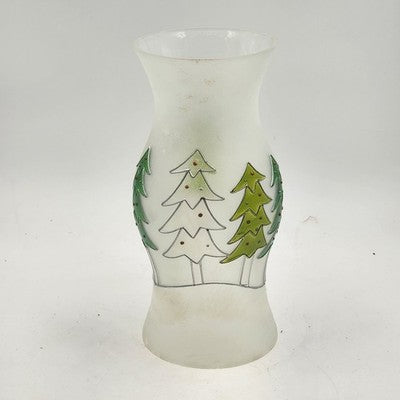 Glass Hurricane Candle Chimney 13"x6" Frosted w Hand Painted Christmas Pine Tree