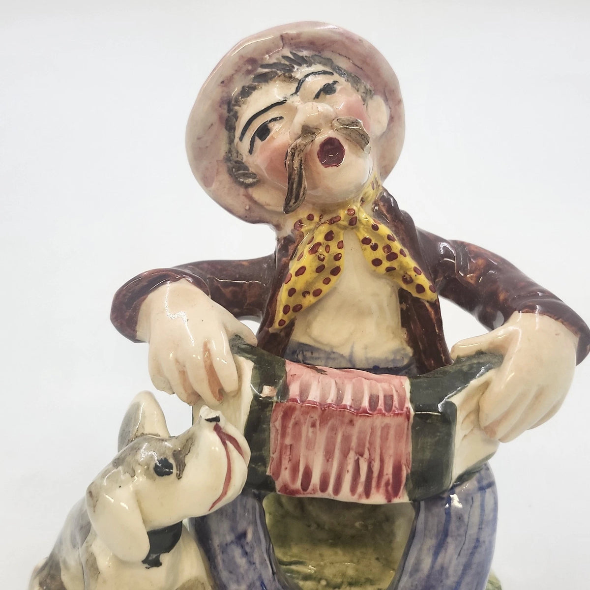Italian Ceramic Man Accordion Dog Figurine 5" Green Base Hand Painted Vtg