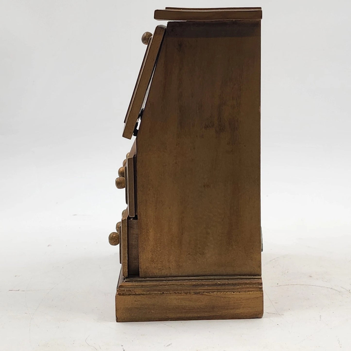 Musical Jewelry Box Wood Wind Up Hinge Top Desk 2 Shelves & 2 Drawers Gold Works