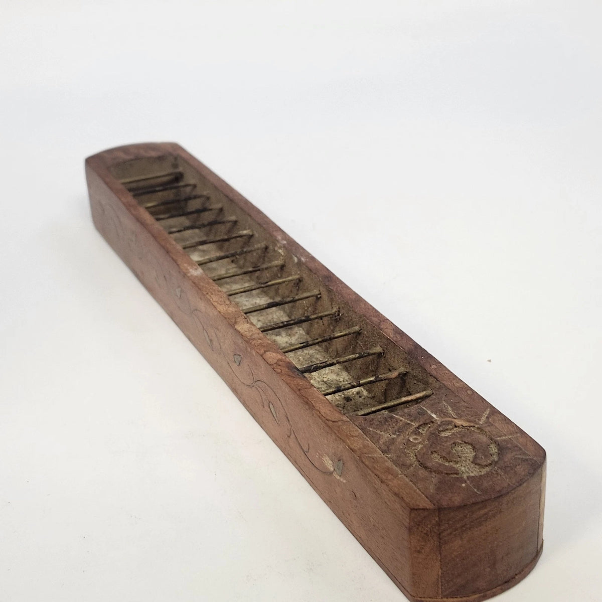 Indian Natural Wood Incense Burner 12.5" Brass Inlay Om Symbol Ash Catcher Vtg