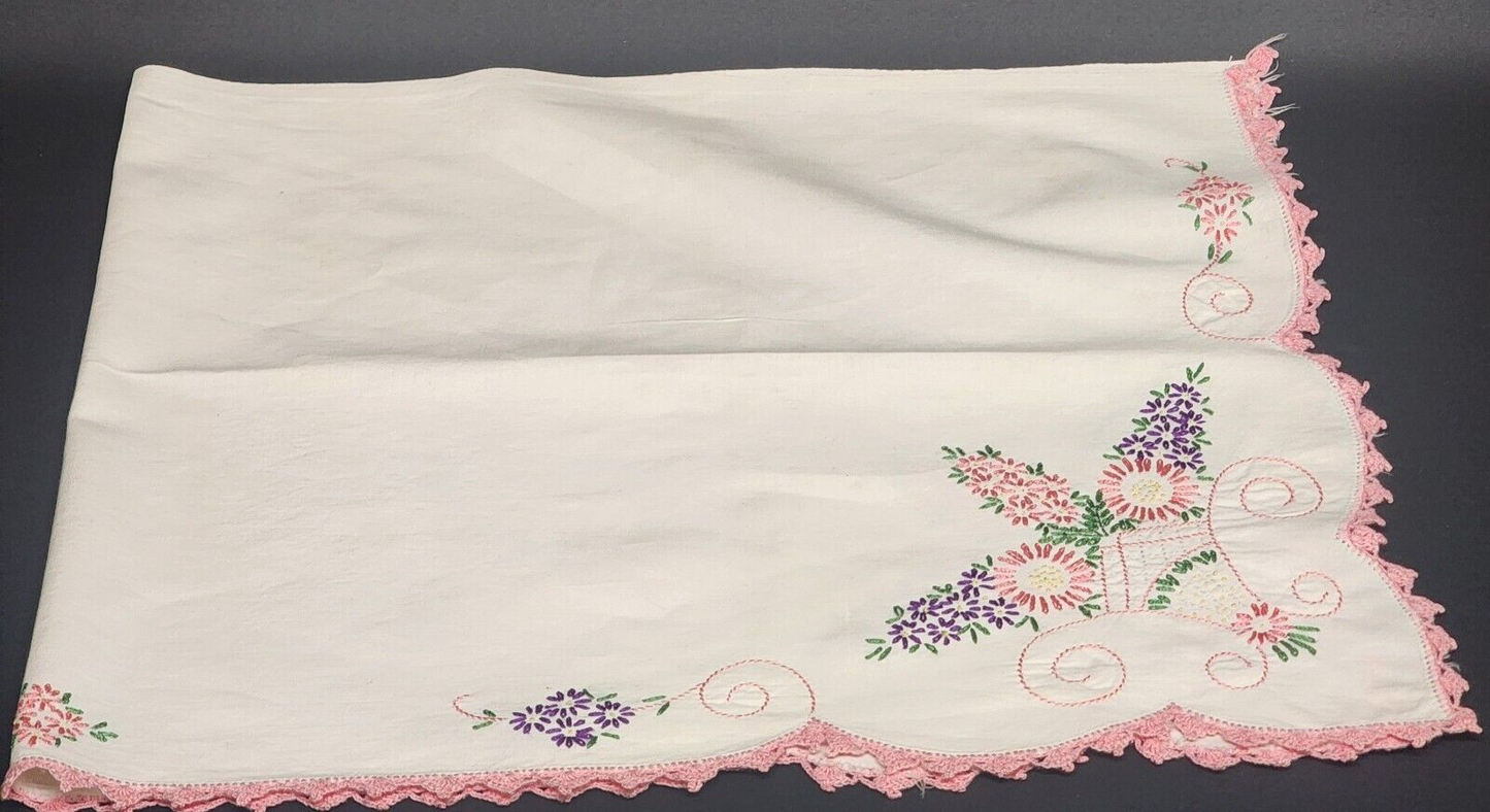 White And Pink Hand Embroidered Linen Tablerunner Vintage With Lace Trim