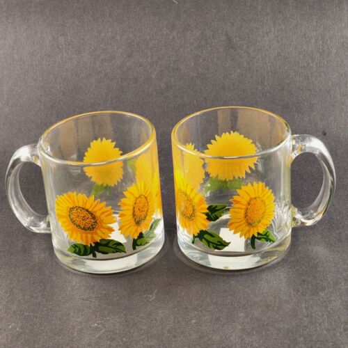 2 Sunflower Clear Cups 12 Ounce Mugs including Leaves Made In USA Vintage 1995