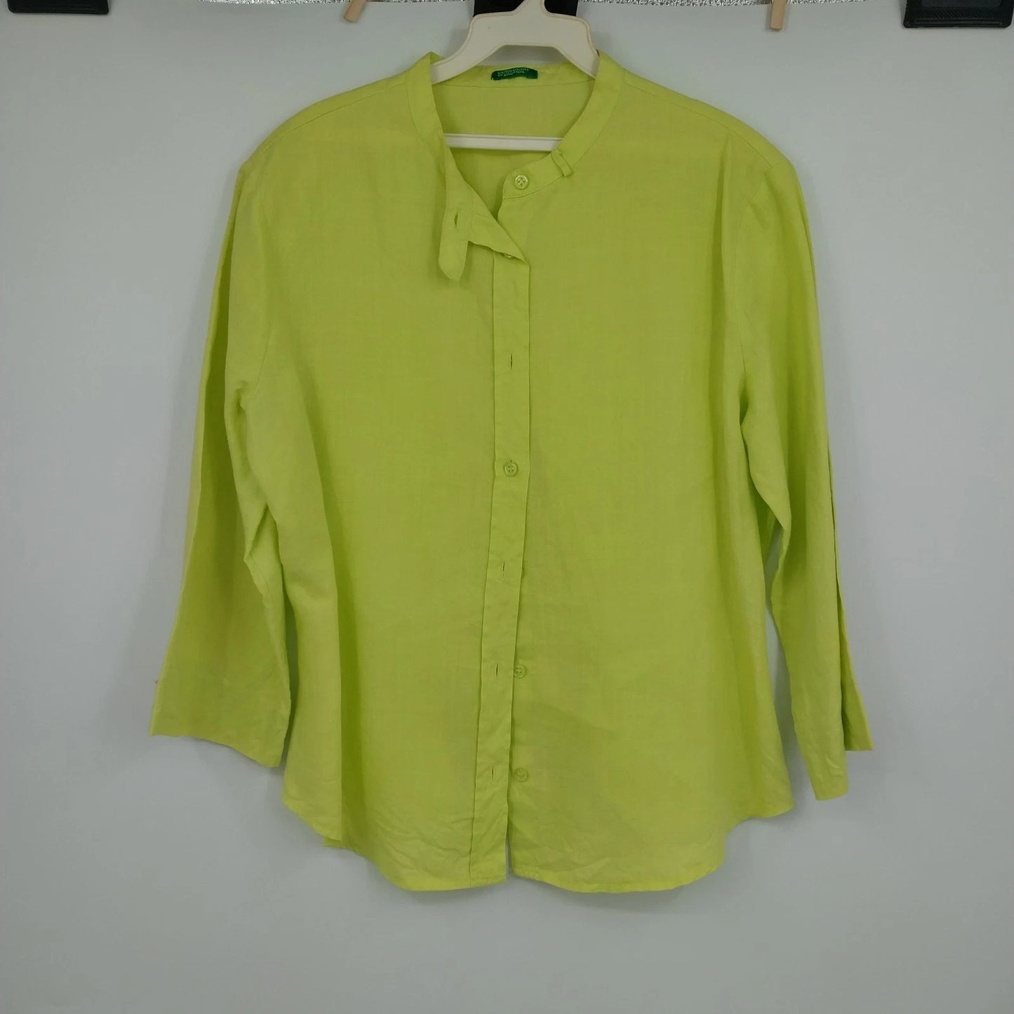 United Colors of Benetton Linen Blend Button Up Blouse Lime Green Women's Large