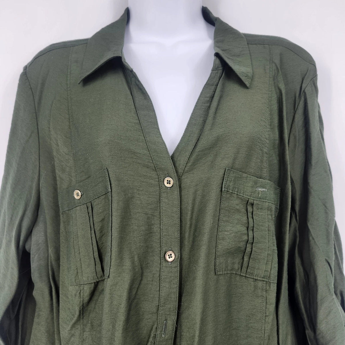 DressBarn db Women's Blouse 2X Plus Olive Green Button Up Roll Tab Long Sleeve