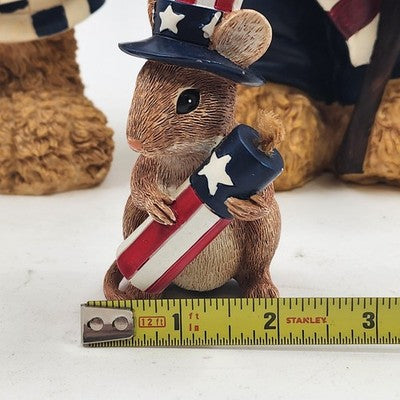 Set of 3 Patriotic Teddy Bear Figurines w Mouse 4th of July Stars & Stripes USA
