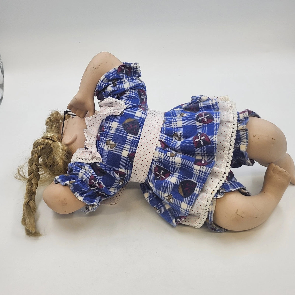 Porcelain Girl Doll Blonde Braids Glasses Blue Plaid Dress 14" Reclining Pose