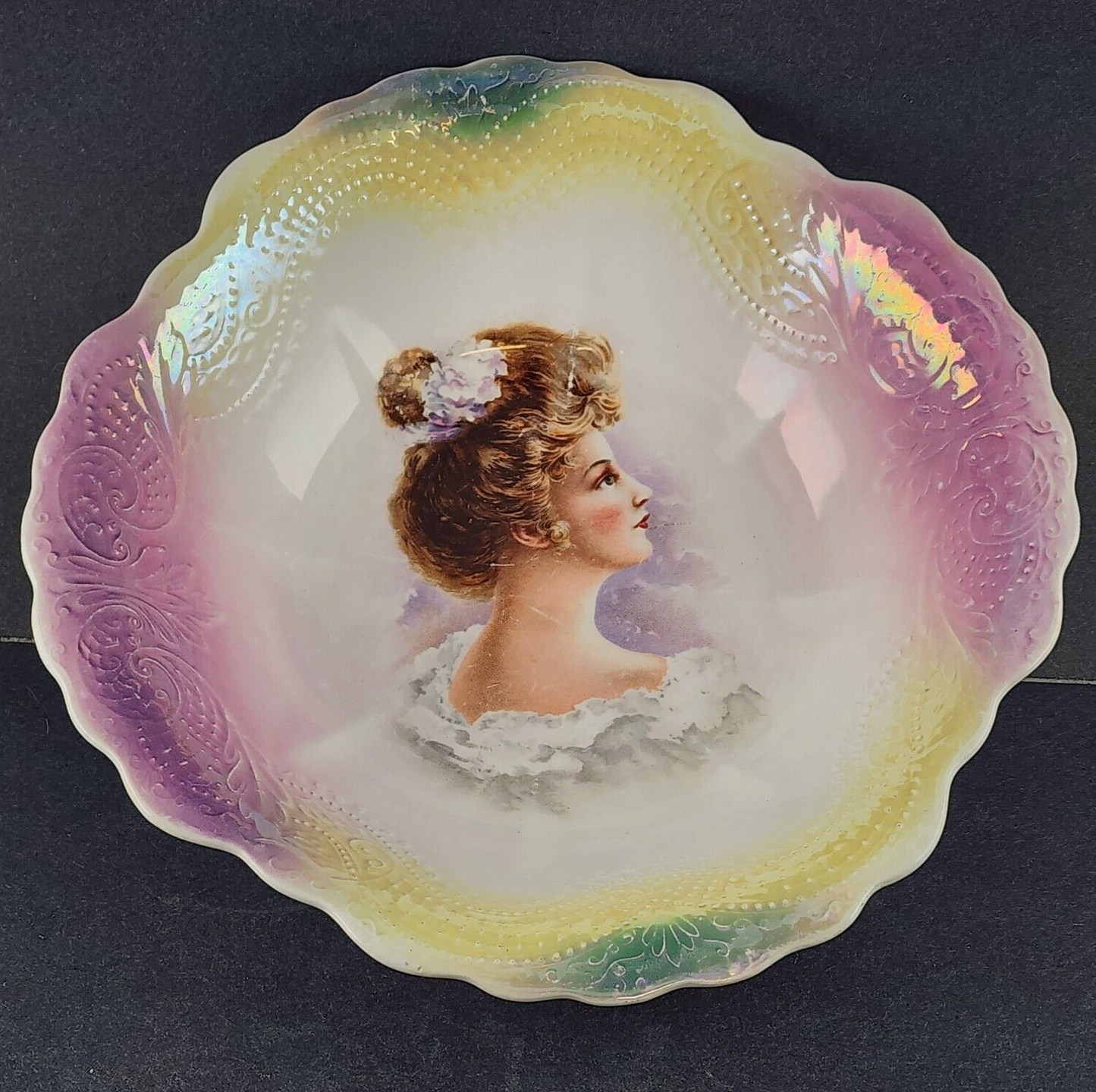 Portrait of Woman Serving Bowl Embossed Designed Scalloped Multicolor Rim Crazed