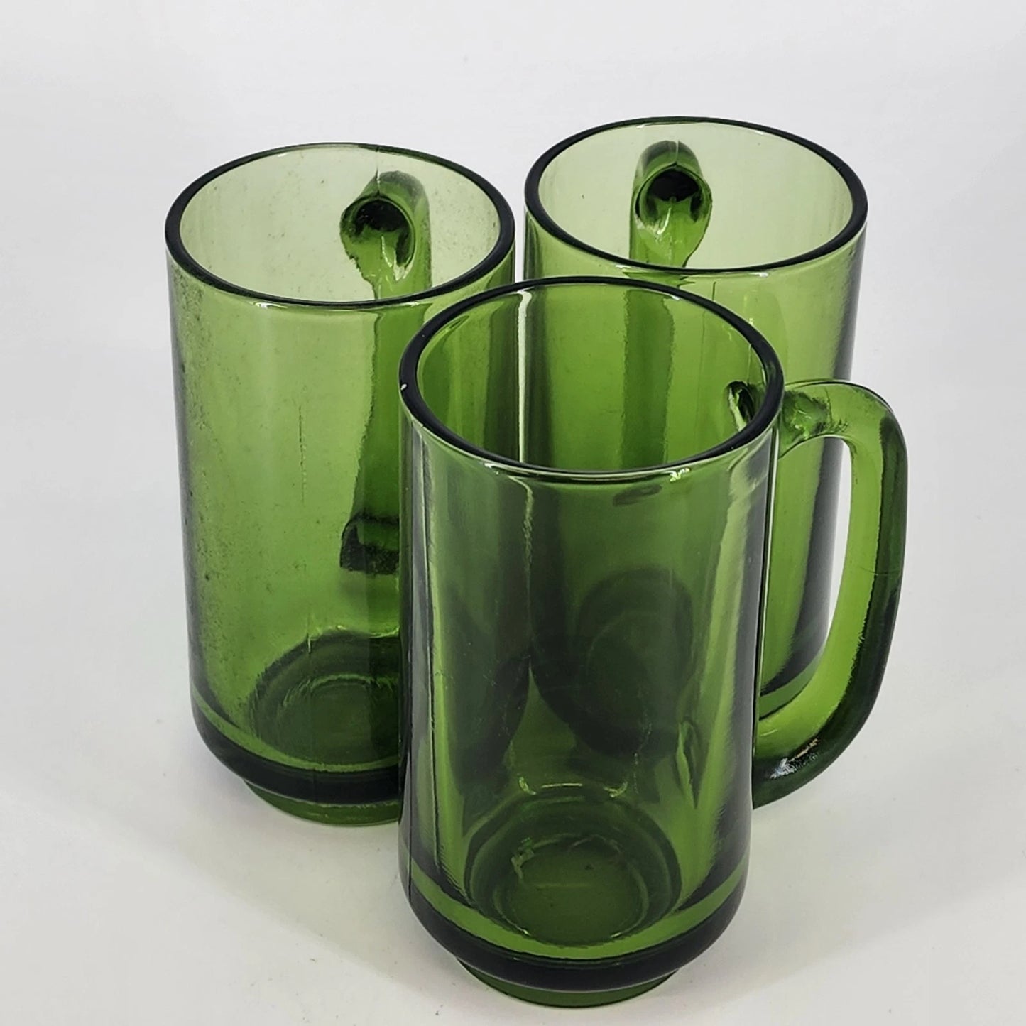 Finlandia Avocado Green Glass Mugs Set of 3 Anchor Hocking D Handles 12 oz 5.5"h