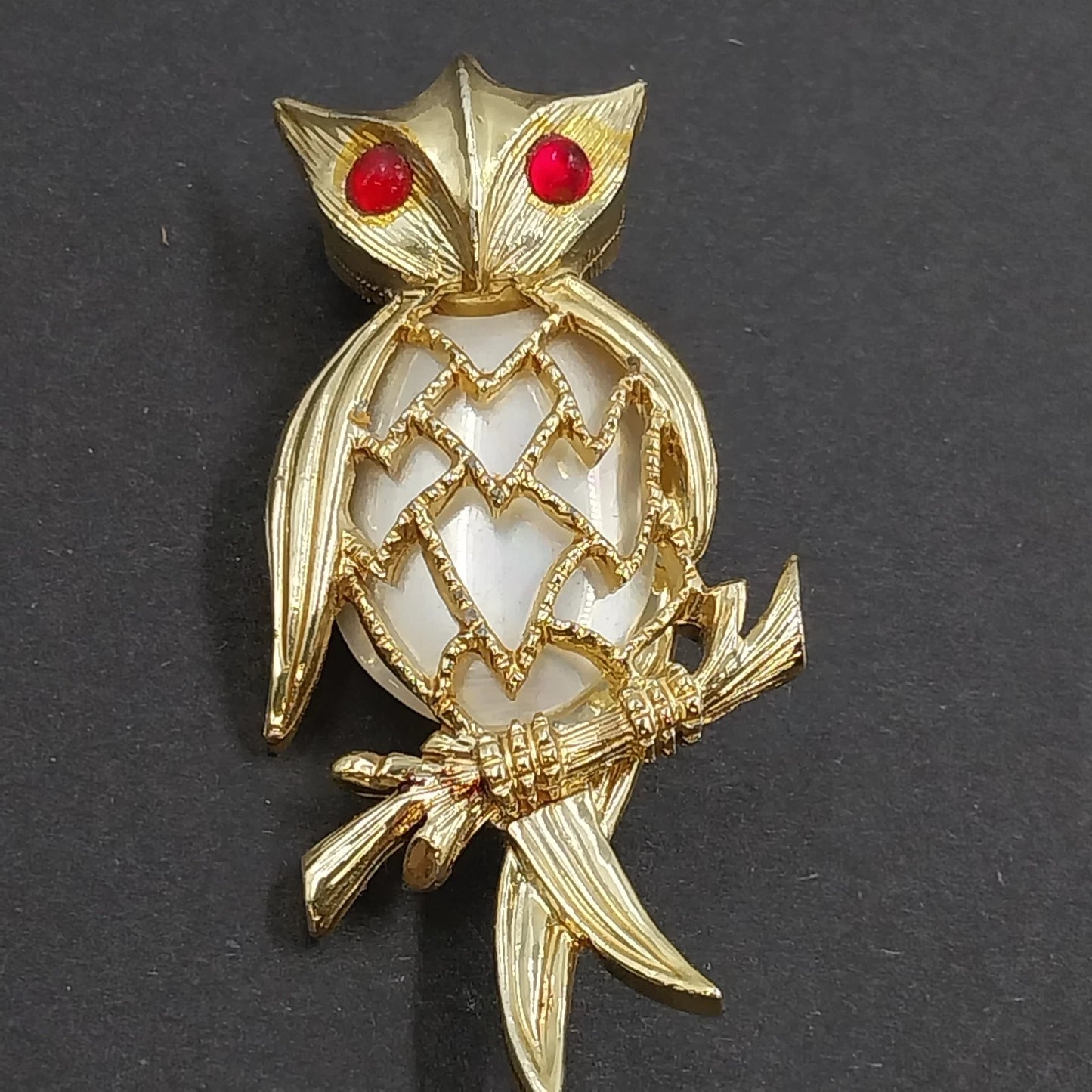 Gold Tone Owl Brooch White Faux Cabochon Body Red Rhinestone Eyes Branch Vintage