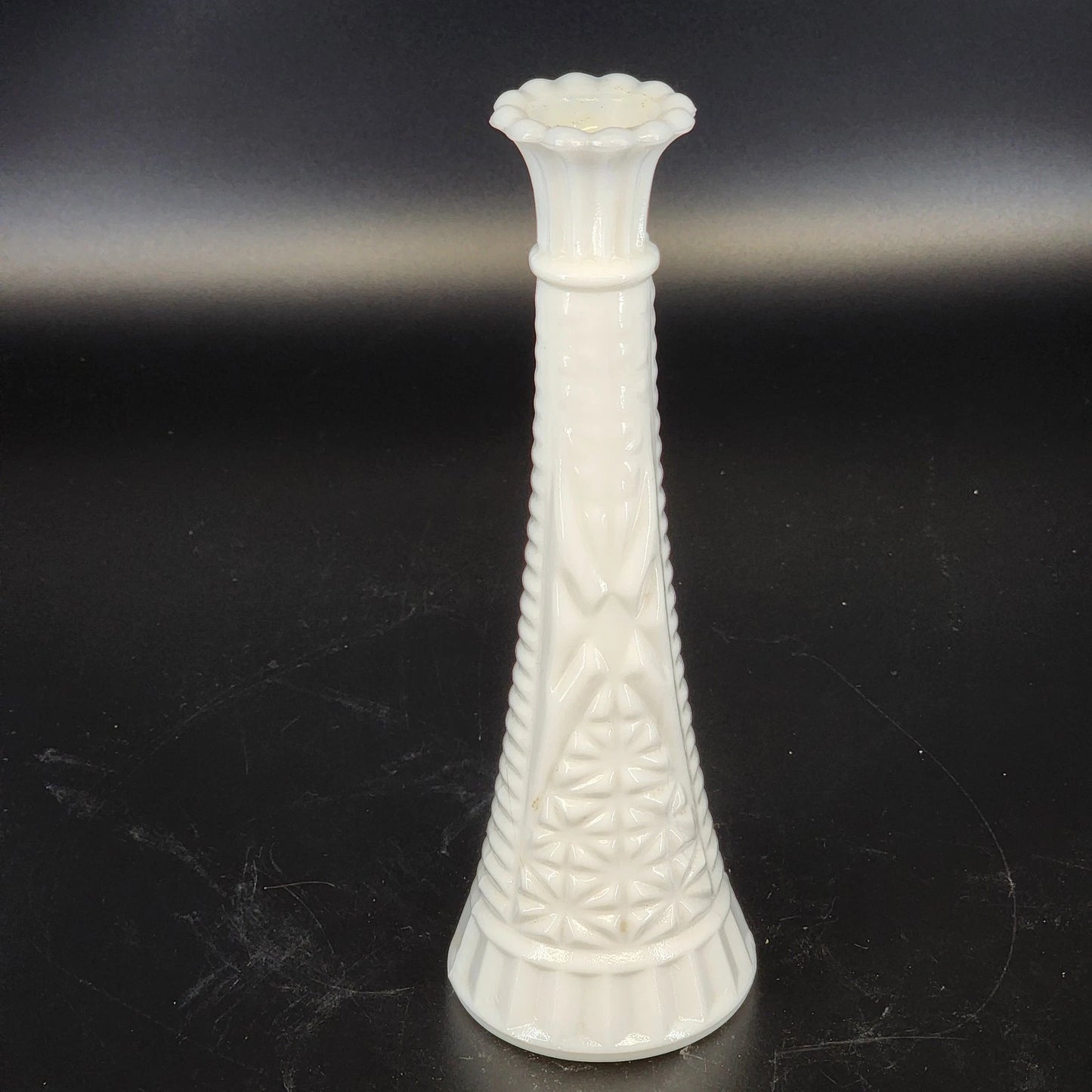 Anchor Hocking Milk Glass Stars and Bars Bud Vase 9" Tall Glossy White Glass Vtg