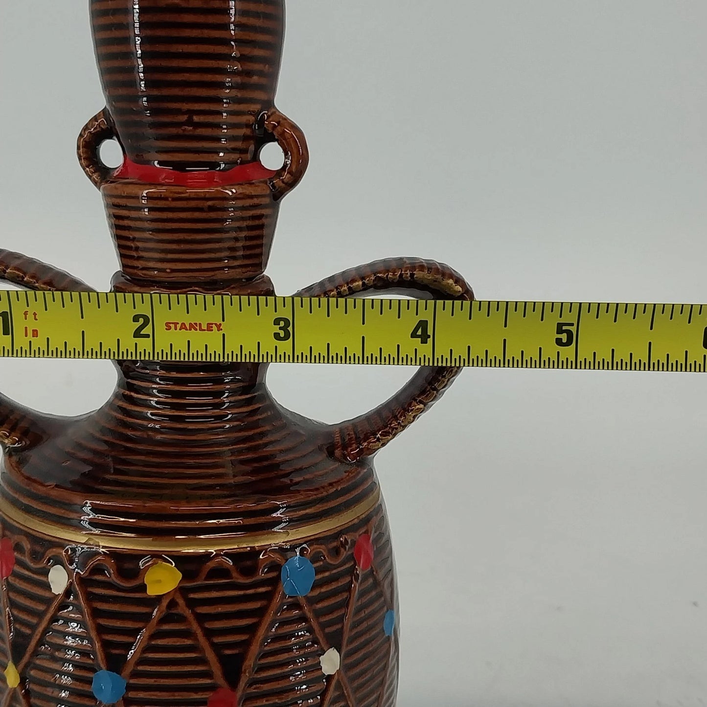 Japanese Brown Rickshaw Decanter Saki Shot Stopper Ceramic Hand Painted Barware