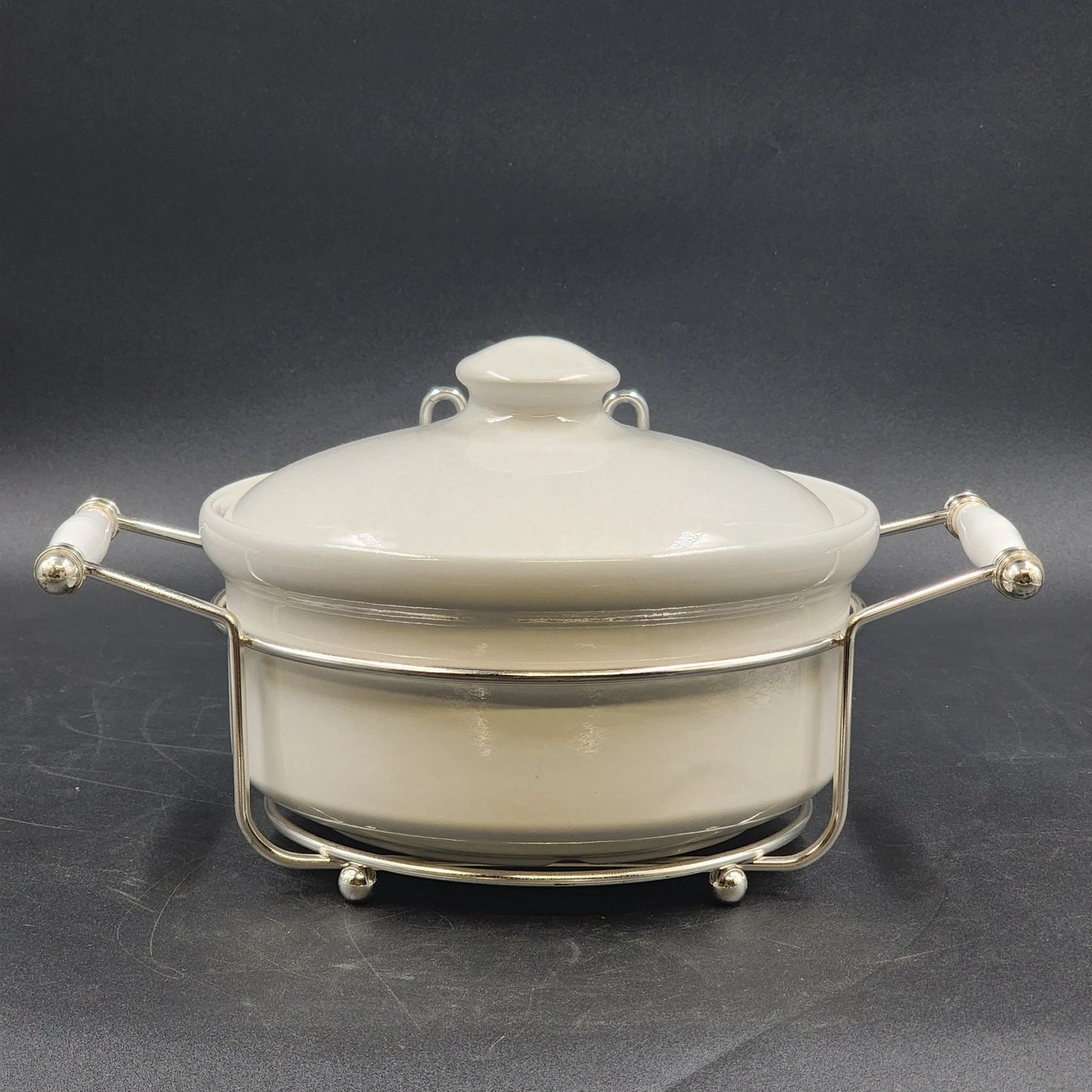 Simpson Ovenstone Casserole Dish with Lid & Silver Plated Serving Caddy 8" Vtg