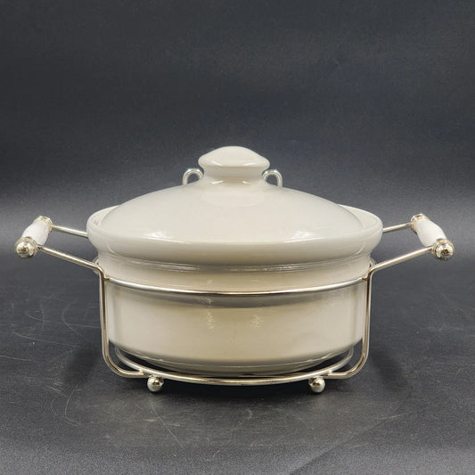 Simpson Ovenstone Casserole Dish with Lid & Silver Plated Serving Caddy 8" Vtg