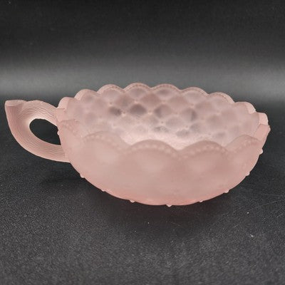 Imperial Glass Pink Frosted Satin Pansy Dish Handle Candy Trinket Bowl Chipped