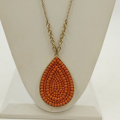 Plunder Gold Tone Chain w Orange Round Bead in Teardrop Shaped Pendant Necklace