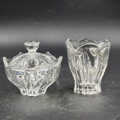 Gorham Crystal Lotus Pattern Creamer & Sugar Bowl with Lid Vtg Glass Set Germany