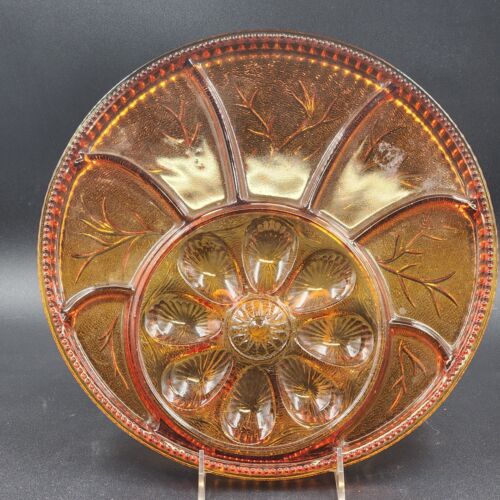 Indiana Glass Tree of Life Amber Glass Deviled Egg Relish Platter 13”d Vintage