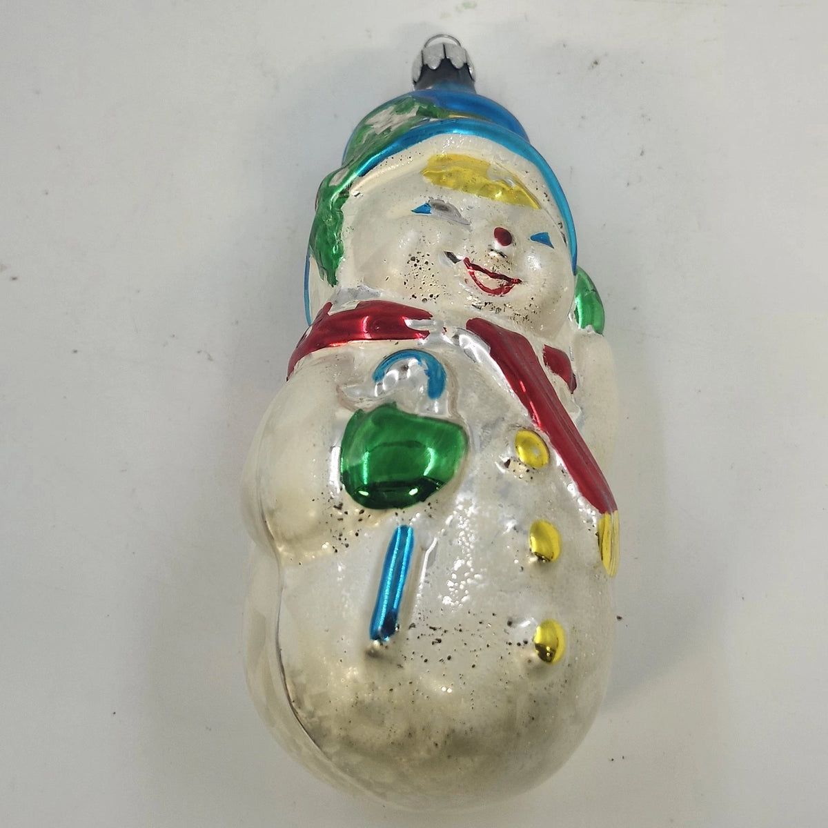 Snowman Blue Hat Red Scarf Hand Painted Blown Glass Christmas Ornament 5" Vtg
