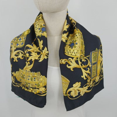 Carlotta Roma Silk Scarf 34" Square Neck Warmer Baroque Black Gold Made in Italy