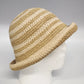 Women's Cloche Sun Hat Rolled Brim Cream Tan Striped Woven Paper Cotton OSFM