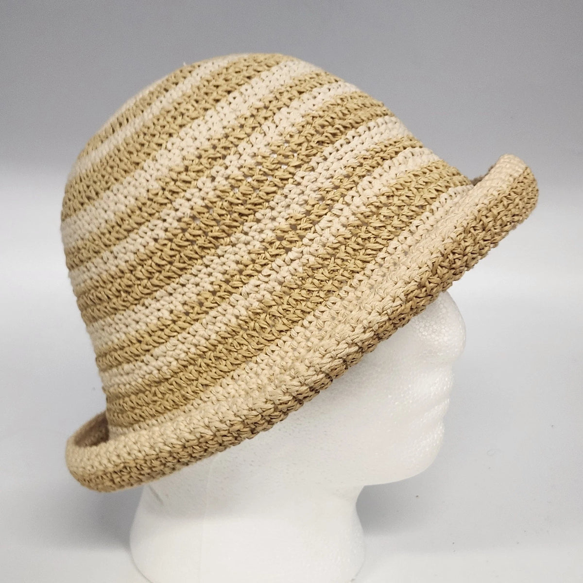 Women's Cloche Sun Hat Rolled Brim Cream Tan Striped Woven Paper Cotton OSFM