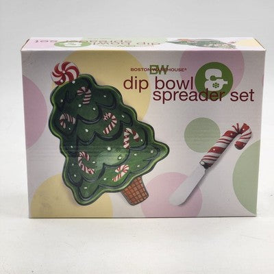 Boston Warehouse Christmas Tree Dip Bowl & Candy Cane Spreader Set Holiday China