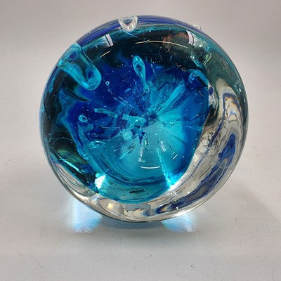Art Glass Dolphin Figurine Leaping Over Cobalt Blue Ball 7" Paperweight