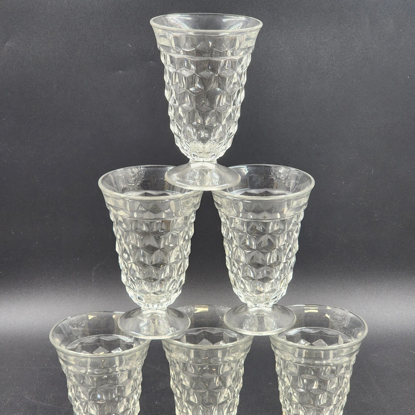 6 Fostoria American Clear Ice Tea Glasses Cubist Design Footed Pedestal Vintage