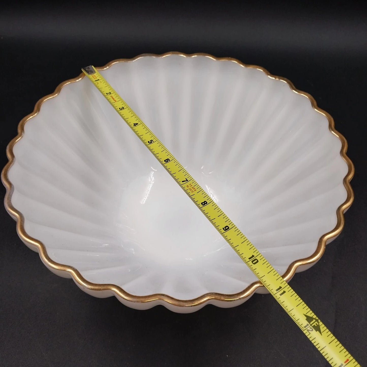 Fire-King Rachel Serving Bowl 11" Milk Glass Scalloped Gold Rim Anchor Hocking