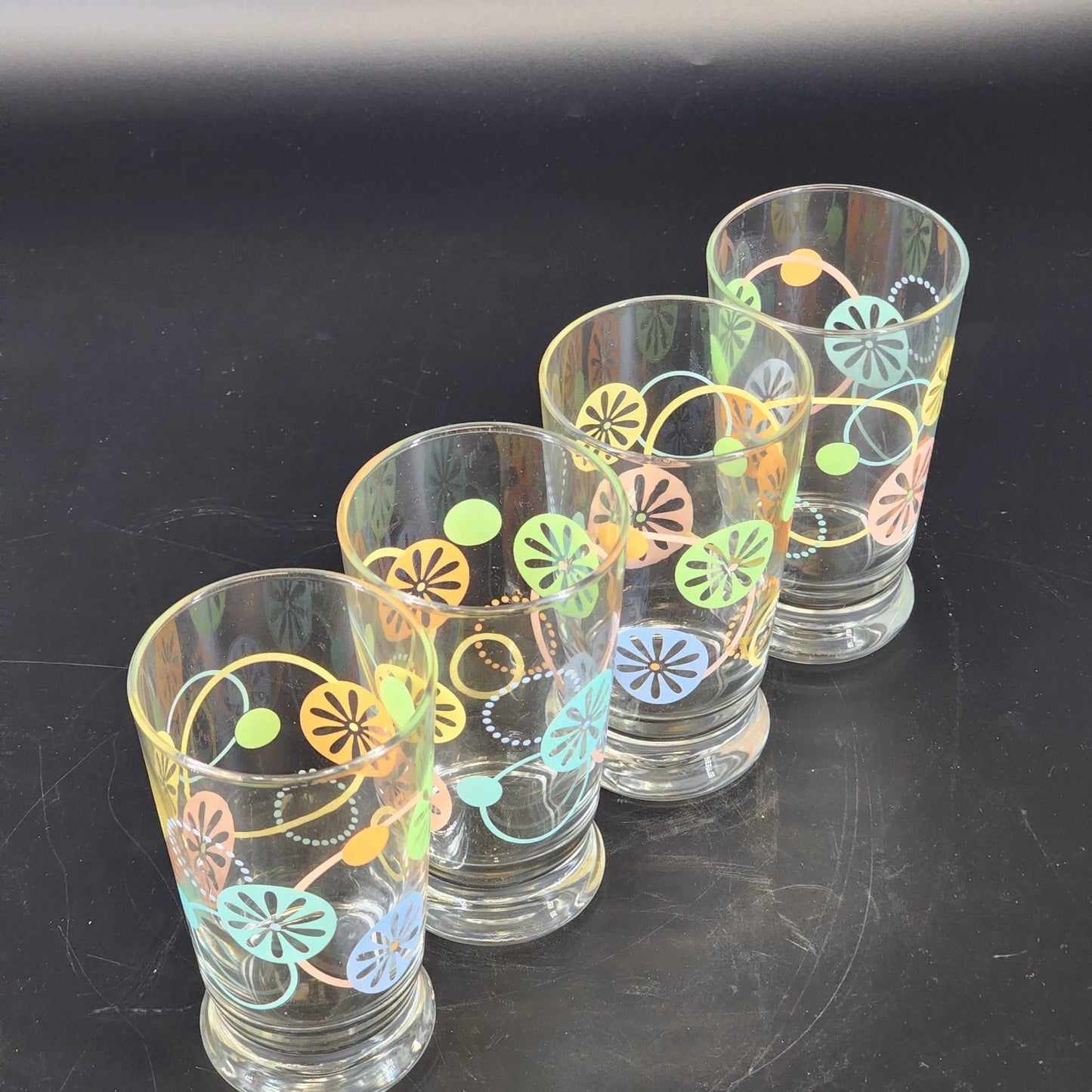 Libbey Atomic Starburst Juice Glasses 4 MCM Flower Power 5” 1970s Vtg Drinkware