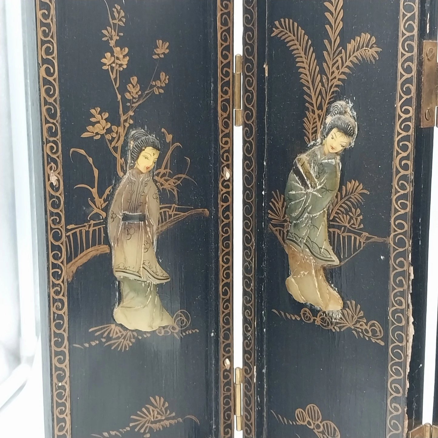 Macau Black Lacquer Soapstone 4-Panel Asian Tabletop Folding Screen 18" x 14"