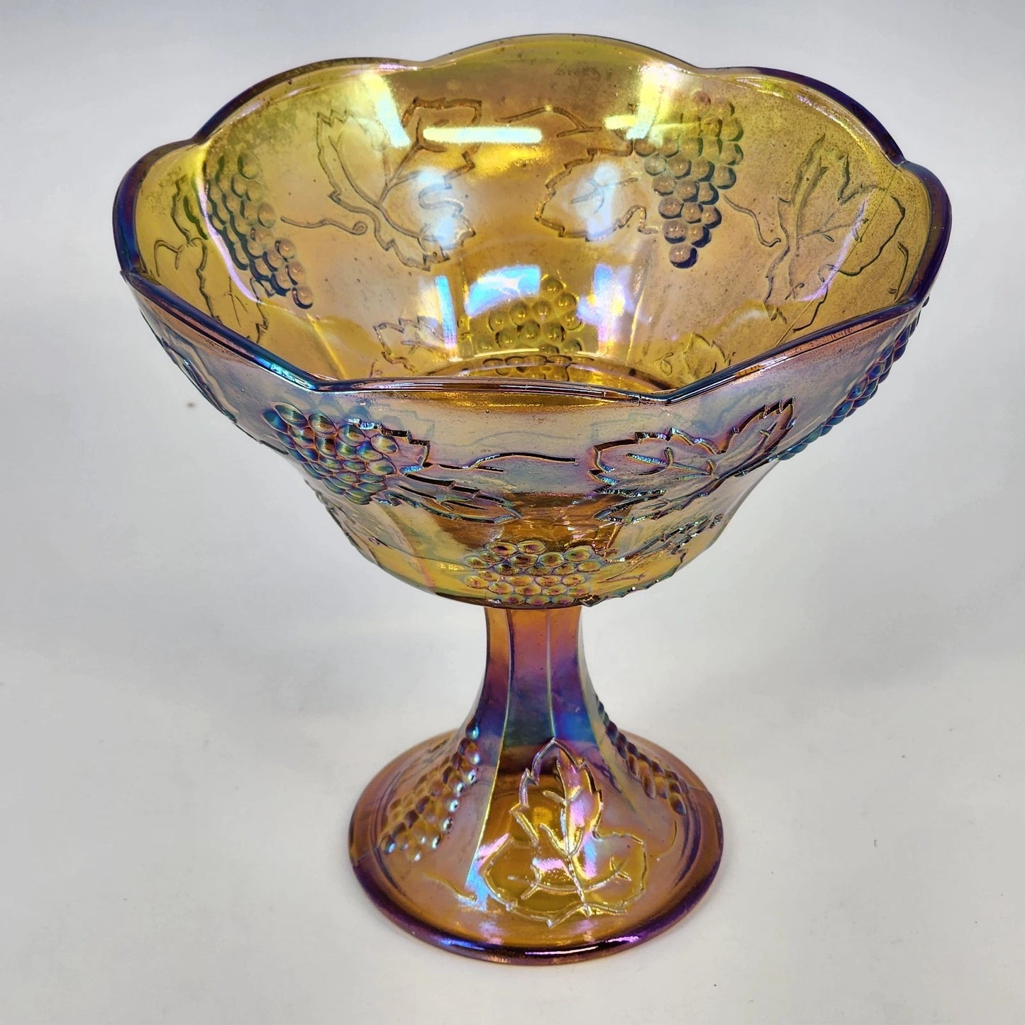 Indiana Glass Harvest Grape Compote Marigold Carnival Pedestal Bowl 8.5" Vintage