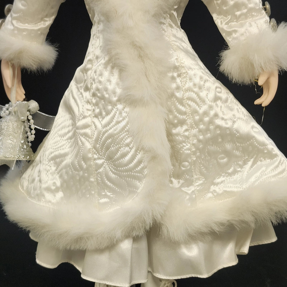 Porcelain Victorian Woman Ice Skater Doll White Faux Fur Gown Purse 21" Vintage