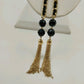 Gold Tone & Black Ribbon Chain w Black Faceted Beads Chain Tassels 48" Necklace